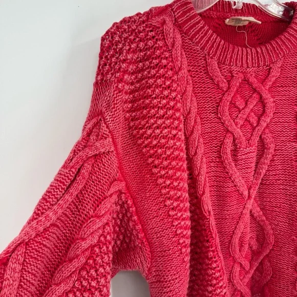 Cable Knit “ACA”  Sweater Adult M Chunky Cotton Cottagecore Cozy Fisherman Red - Picture 4 of 8